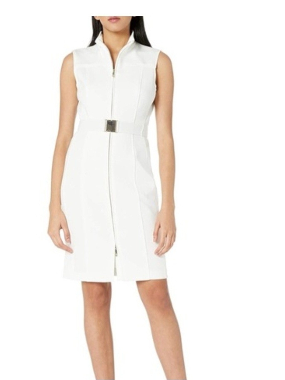 Tommy Hilfiger White Sleeveless Zip-Front Belted Sheath Dress